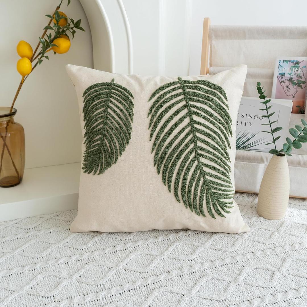 Linen Green Leaf Throw Pillow Cover, Square Pillowcase with Tufted Tropical Palm Leaves, Modern Decorative Cushion Sham for Rustic Spring Summer Home Outdoor Decor, 18x18 inches, 1 Pc (Lime)