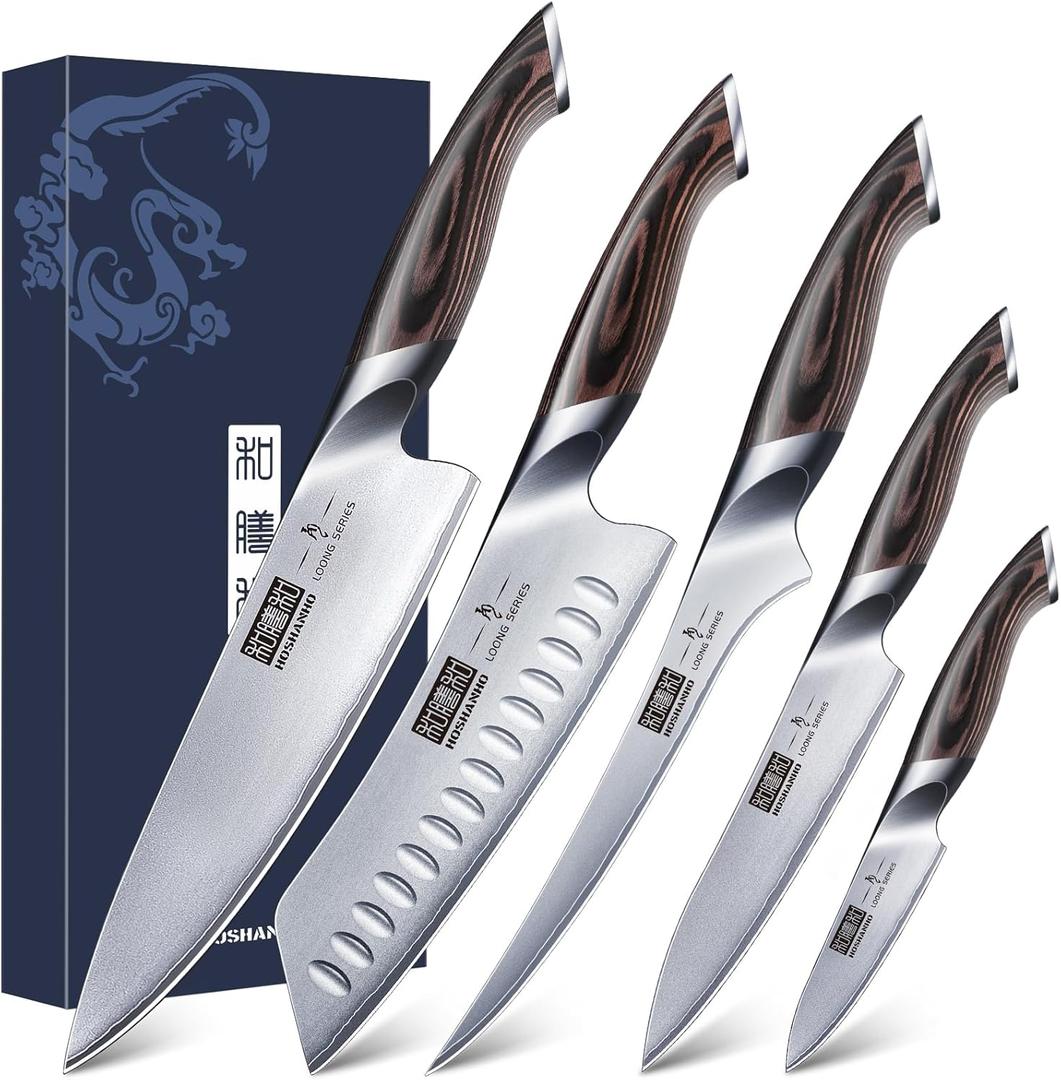 HOSHANHO 5 Pieces Knife Set, Japanese High Carbon Stainless Steel Kitchen Knife Sets, Professional Ultra Sharp Chef Knives Set with Ergonomic Pakkawood Handle