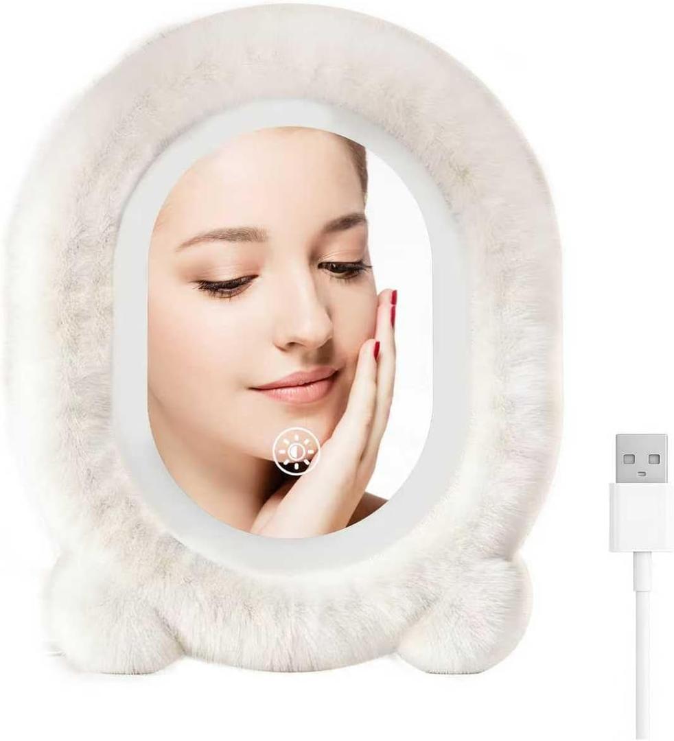 Plush Makeup Mirror with Lights,15.8"11.8" LED Makeup Mirror,Vanity Mirror Touch Screen with 3-Color Lighting,Lighted Up Mirror for Makeup Desk, Bedroom, Dressing Room,Women's Gift(White)