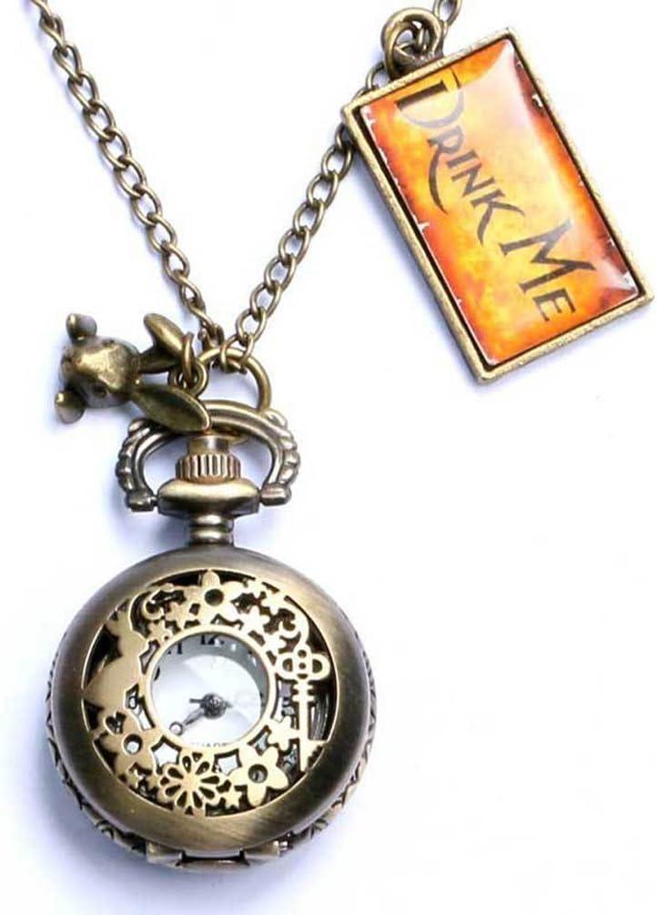 Onwon Vintage Drink Me Pocket Watch Necklace Quartz Watch Alice in Wonderland Rabbit