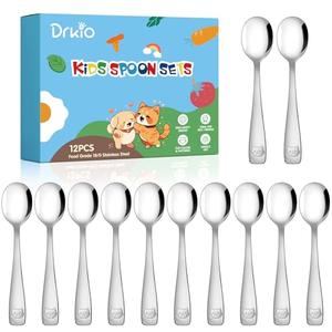 DRKIO Stainless Steel Toddler Spoons Set - 12 Pieces Kids Spoons Set Children Safe Food Grade Kids Silverware Small Spoon Metal Toddler Utensils Dishwasher Safe Mirror Polished