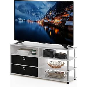 Furinno JAYA Simple Design TV Stand for up to 55-Inch with Bins, White Oak, Stainless Steel Tubes