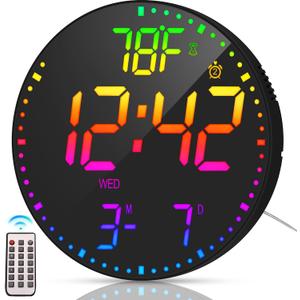 Kasbin 12 Inch Large Digital Wall Clock with Remote Control,RGB Color,Timer Date Temperature Display,Modern Clock for Living Room Bedroom Decor, Gift for Elderly (Black Mirror, 12")