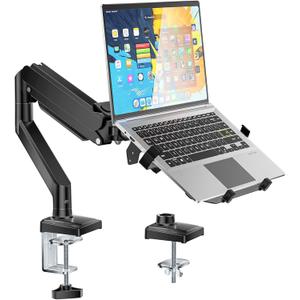 WALI Single Arm Laptop and Monitor Desk Mount for 17" Notebook and Up to 32" Screen, 2-in-1 Adjustable Gas Spring Monitor Arm with Laptop Tray, VESA 75x75 100x100,Holds 22-26.4 lbs, Black (GSMP001NLP)