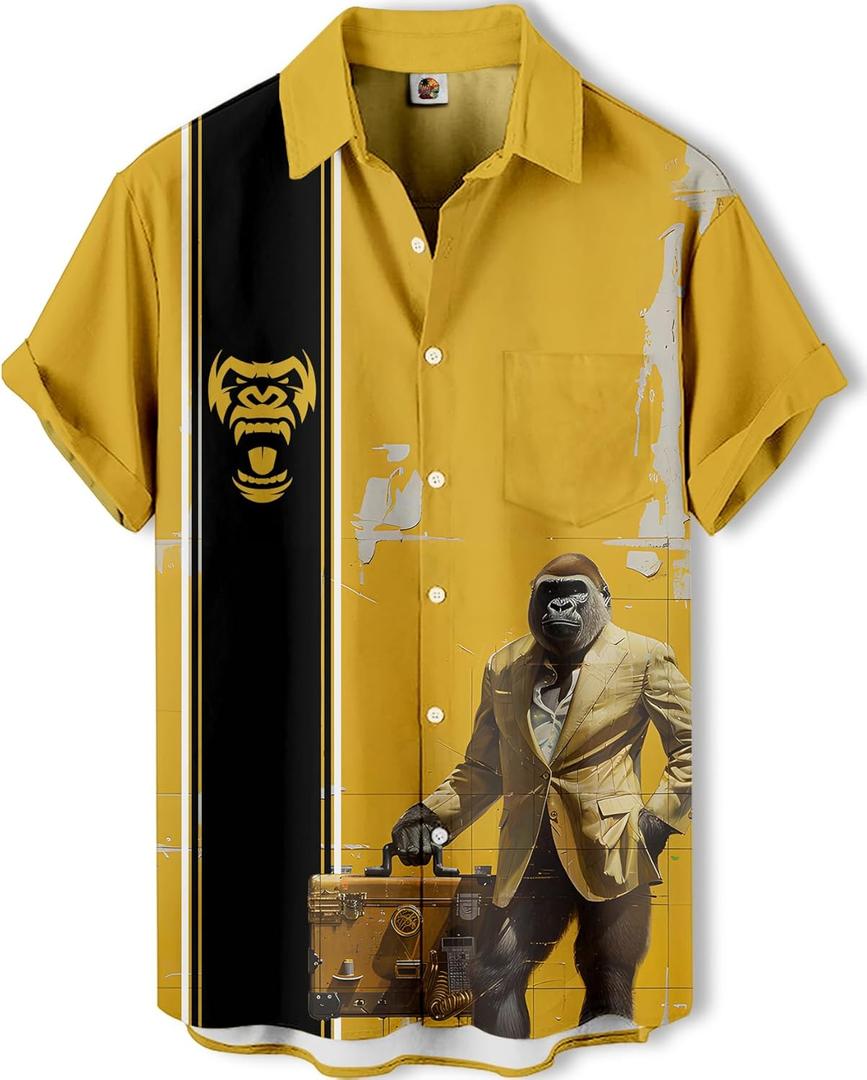 Summer Hawaiian Shirt,Button Down Shirt, Short Sleeve, Black Novelty Stripe Design,Funny Aloha Shirt (Large, Gorilla-1)