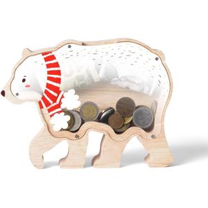 Wooden Bear Piggy Bank for Kids, Polar Bear Piggy Bank with Acrylic Panels, Unbreakable Toddler Money Box for Boys Girls, Cute Saving Coin Jar for Home Dcor, Birthday, Easter Gifts for Kids (Large)
