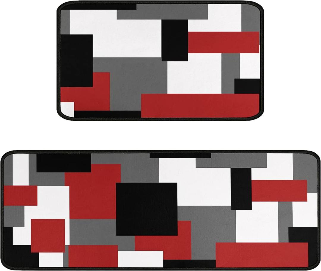 Red Black White Geometric Patterns Kitchen Rugs and Mats Set of 2,Modern Decoration Style Kitchen Mat Non-Slip Absorbent Mats for Sink Waterproof Runner Rug for Laundry Room 17x30+17x48inch (Red Aztec)