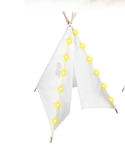 Teepee Tent with 10FT String Lights for Kids, Canvas Teepee Play Tent, Indoor & Outdoor Playing Tents with for Girls & Boys Party Indoor Outdoor Games (White)