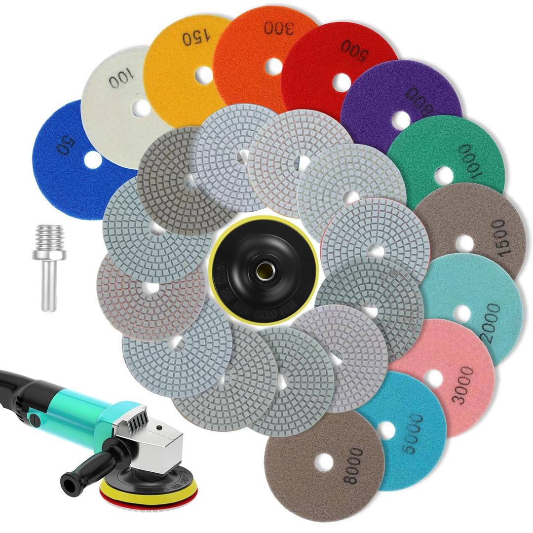 14 Packs 4 Inch Diamond Polishing Pads Set, Backer Pad, Buffing Pads for Drill Dry/Wet Granite Bufffing Pad Marble and Rock Polishing Kit for Grinder Polisher Drill