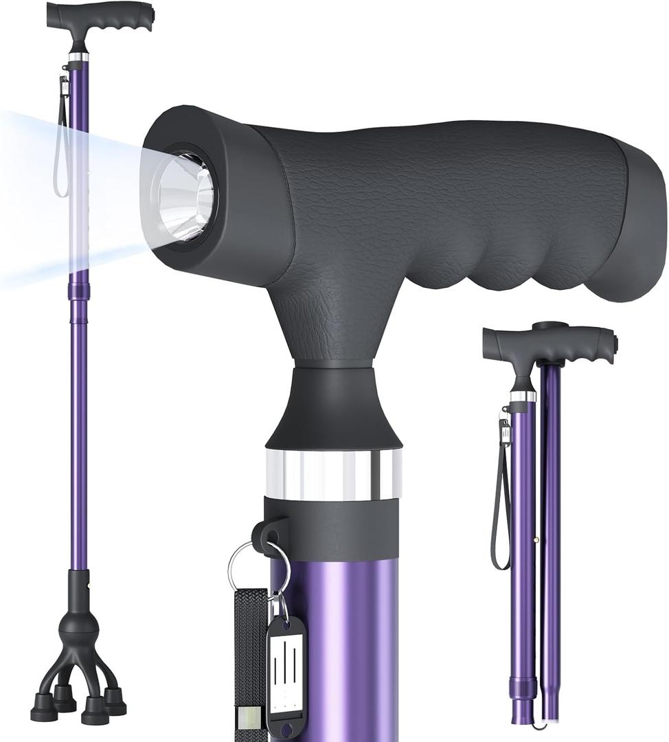 Walking Cane with LED Light for Seniors Men Women, Adjustable Folding Canes for Elderly, Ergonomic Handle & All Terrain Shock Absorbing Base, Walking Sticks for Indoor Outdoor Travel Hiking Support (Purple)