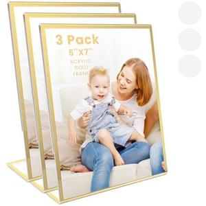 YOAEAILY Acrylic Gold Frames 5 x7, Slanted Back Gold Picture Frames Table Acrylic Sign Holder for Photos Wedding Table Numbers and Art Display with Removable Clear Sticky Dots,3 Pack