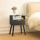 Black Nightstand with Charging Station, Mid Cetury Modern Nightstand with Drawers, Fluted End Side Table with Solid Wood for Bedroom, Dorm and Small Space (Black)