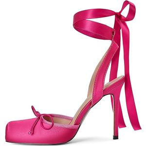 Vertindy Women's Satin Ballet Heels, Rose Red Lace Up Square Toe Stiletto High Bow Ballerina Heels, Size: 10