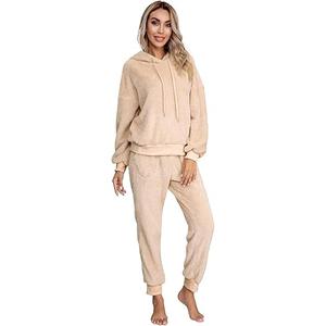 SIAEAMRG Womens Fuzzy Sherpa Fleece Pajamas Set, Long Sleeve Hoodies Pajama Pants 2 Piece Outfits Loungewear Sleepwear