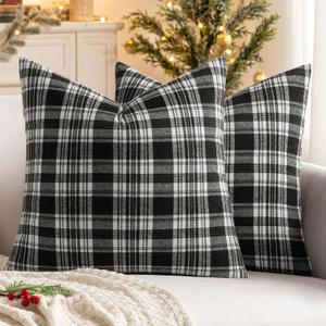 MIULEE Fall Set of 2 Scottish Tartan Plaid Throw Pillow Covers Farmhouse Classic Decorative Outdoor Square Cushion Cases for Halloween Thanksgiving Decor Sofa Couch 16x16 Inch, Black and White