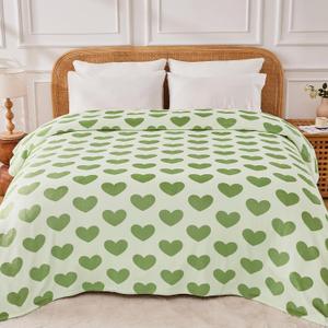 FY FIBER HOUSE Heart Flannel Queen Blanket Soft Cozy Blankets for Lover Gifts All Season Use, 90x90 Inches, Sage Green