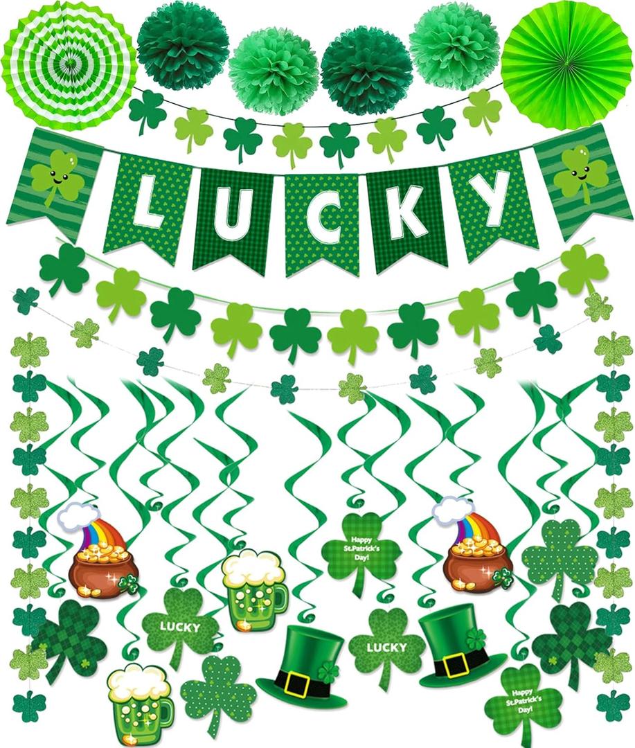 4 x St Patricks Day Decorations Pre-Assembled Shamrock Lucky Banner Garlands Clover Hanging Swirls Irish Decor for Home Saint Patrick Party Supplies