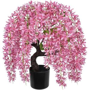 Artificial Flowers 18.5" Tall with Silk Wisteria Pink Flower Arrangement and Realistic Wood Fake Bonsai Tree Plants Faux Plants for Spring Home Bedroom Office Bathroom Coffee Table Centerpiece Decor