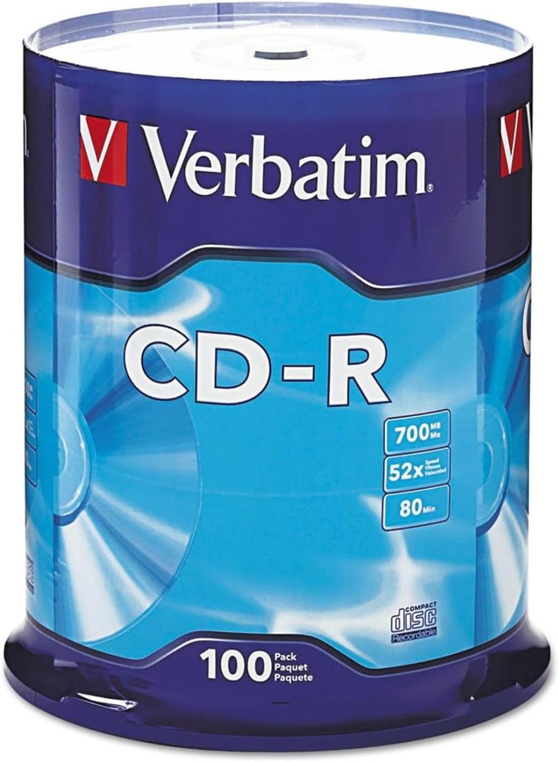 Verbatim CD-R Blank Discs 700MB 80 Minutes 52X Recordable Disc for Data and Music - 100pk Spindle,Silver