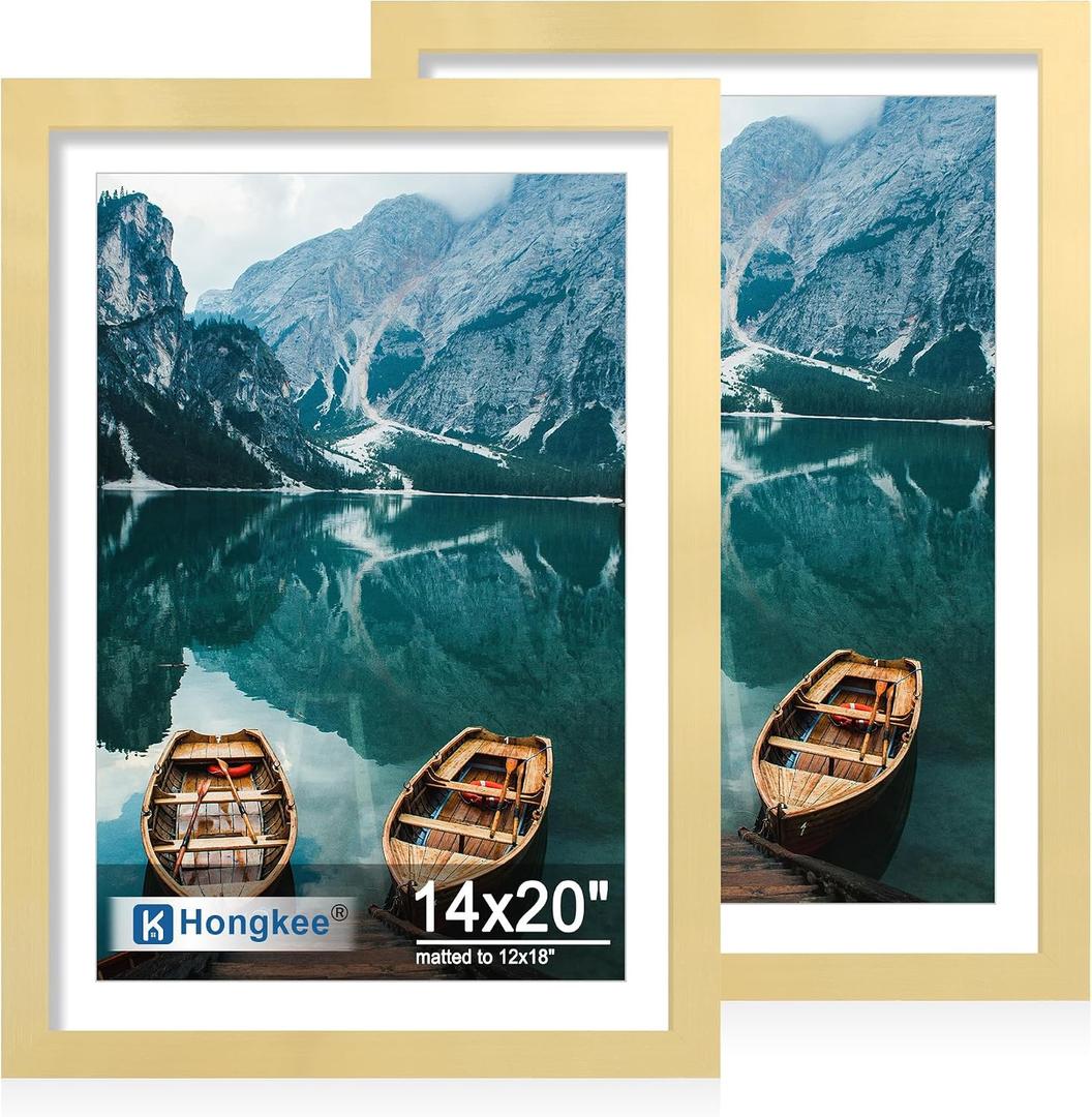 Hongkee 14x20 Frame Set of 2, Gold Wood Style for 12x18 Mat
Display Posters 12x18 with Mat or 14 x 20 No Mat, Wall Mounting for Photos, Artwork; Fits Home, Office & Gallery Wall Decor