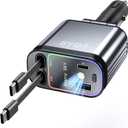 4 in 1 Retractable Car Charger with Starry Light,69W USB-C Fast Car Charger, for iPhone 17/16/15/14/13/12/11, Android,Pixel,Cigarette Lighter Charger (Grey, Dual Cord USB-C)