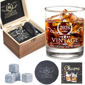Retirement Gifts for Men Whiskey Glass Set - The Legend Has Retired 2026 - Retirement Party Decorations, Supplies - Gifts Ideas for Him, Dad, Husband, Friends - Wood Box & Whiskey Stones & Coaster