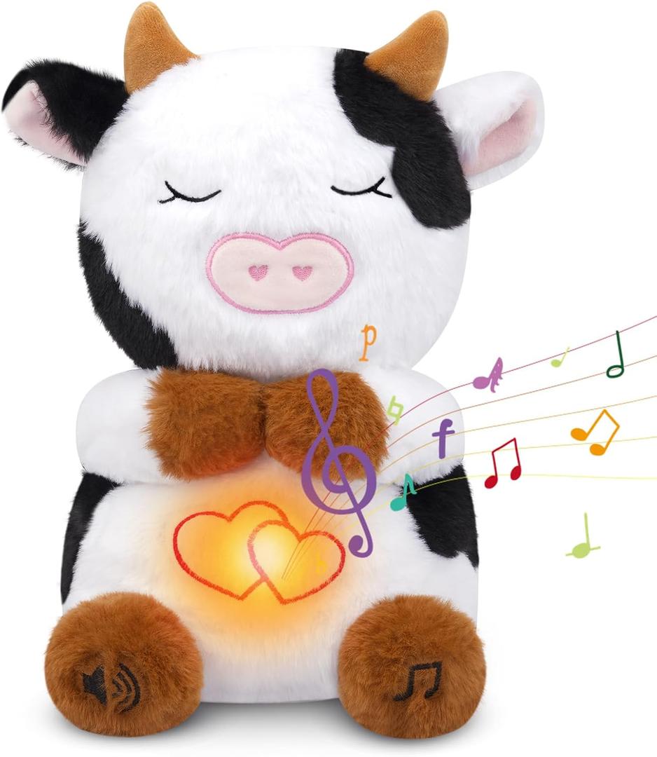 Breathing Cow Stuffed Animal, 11inch Cow Plush Soothing Stuffed Animal with Calming Music, Lights, Soft Breathing Plush for Kids, Adult (3-Levels Mode & Volume) (Black and White)