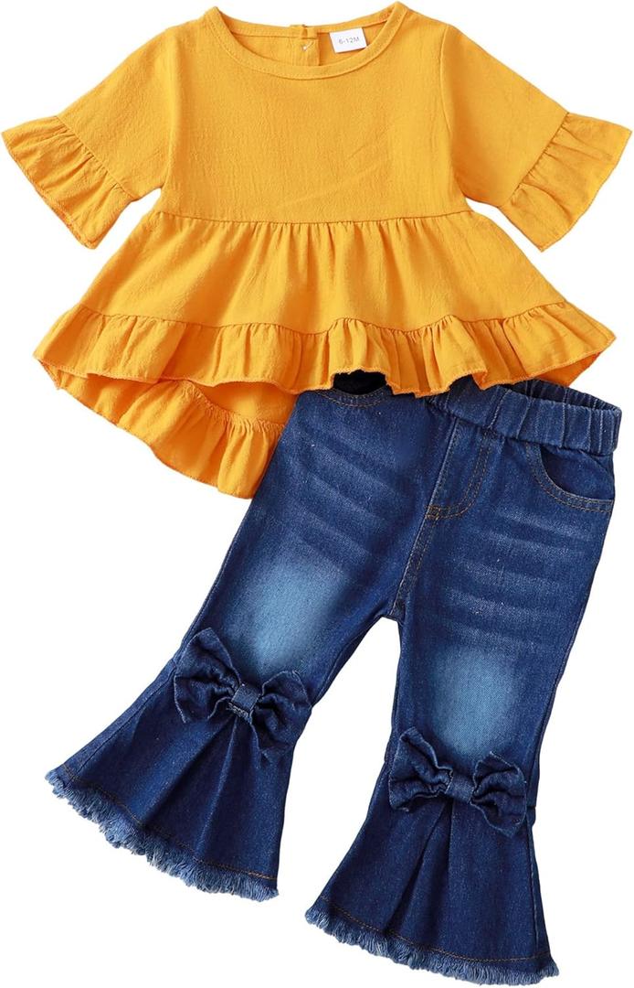 Kucnuzki Toddler Baby Girls Clothes Long Sleeve Shirt Top Flare Denim Jeans Cute Outfit Baby Girl Fall Winter Clothes (12-18 Months)