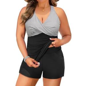 Daci Plus Size Tankini Swimsuit for Women - Two Piece Tummy Control Bathing Suit Tankini Top with Two Pockets Shorts Size 18W