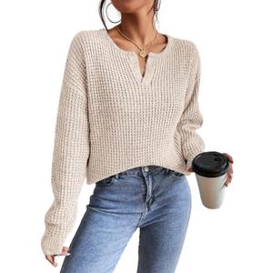 Womens Sweaters Casual Drop Shoulder Long Sleeve V Neck Pullover Tops Trendy Fall Fashion Clothes 2025 (Small, Khaki)