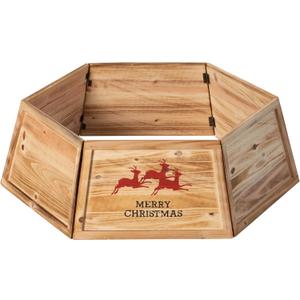 Gardenised Natural Wood Christmas Tree Collar with Deer Pattern Panels Foldable Ring Box Cover and Festive Base Wrap Perfect Holiday Skirt Alternative for Indoor Displays & Seasonal Home Decor