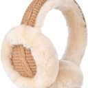 Harssidanzar Women's Winter Sheepskin Earmuffs - Foldable Outdoor Earwarmer HL303US (Camel)