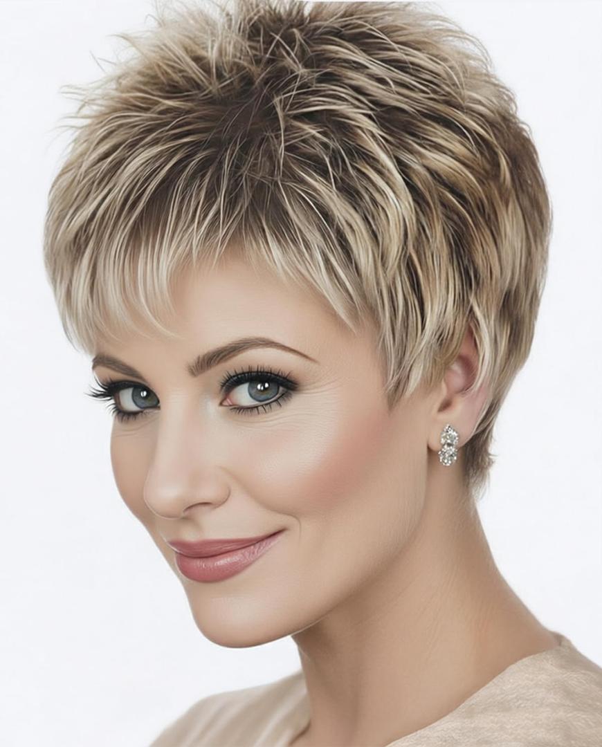 SEVENCOLORS Short Pixie Cut Wigs for White Women Mixed Blonde Short Wigs with Brown Roots Synthetic Natural Hair Wigs for Women