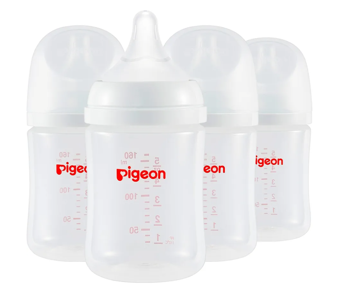 Pigeon PP Nursing Bottle Wide Neck, Anti-Colic, Streamlined Body, Natural Feel, Easy to Clean, 5 Oz (Pack of 4), Includes 4pcs SS Nipples (0m+)