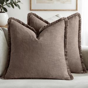 MIULEE Linen Fringe Decorative Fall Euro Pillow Covers Malt Ball 22x22 | Set of 2, Cottagecore Decor, Boho Farmhouse Neutral Throw Pillow Covers, Rustic Fall Couch Cushions for Sofa Bed Living Room