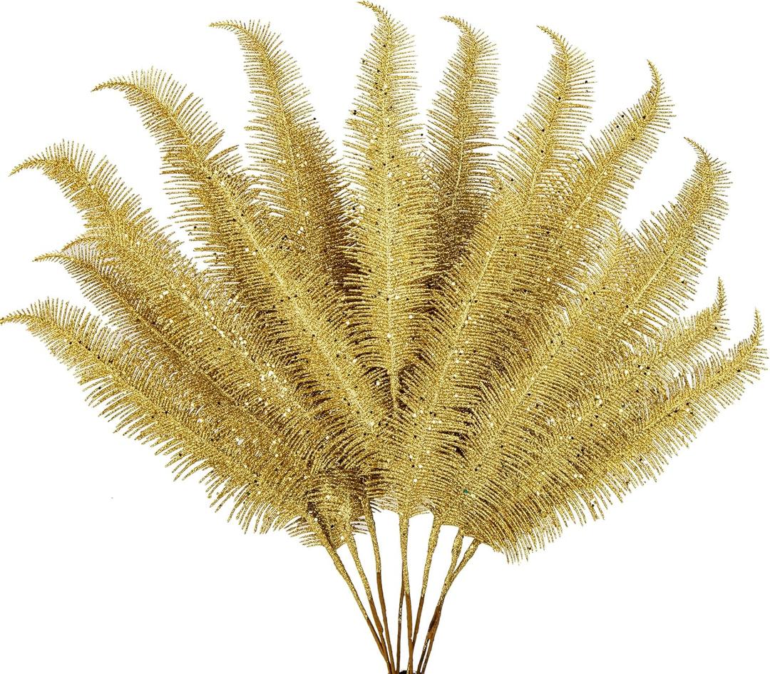 8 Pcs Christmas Tree Picks and Sprays Gold Glitter Christmas Picks 28" Christmas Glitter Feathers Leaves Stems for Christmas Tree Filler Branches Wreaths Centerpieces Holiday Decorations