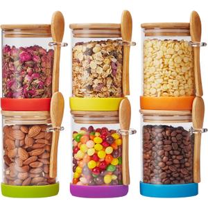 Set of 6 Airtight Overnight Oats Jars with Bamboo Lids and Spoons, 22 OZ Overnight Oats Containers with Lids,Glass Food Storage Jar Perfect for Coffee, Tea, Sugar, Beans, and More