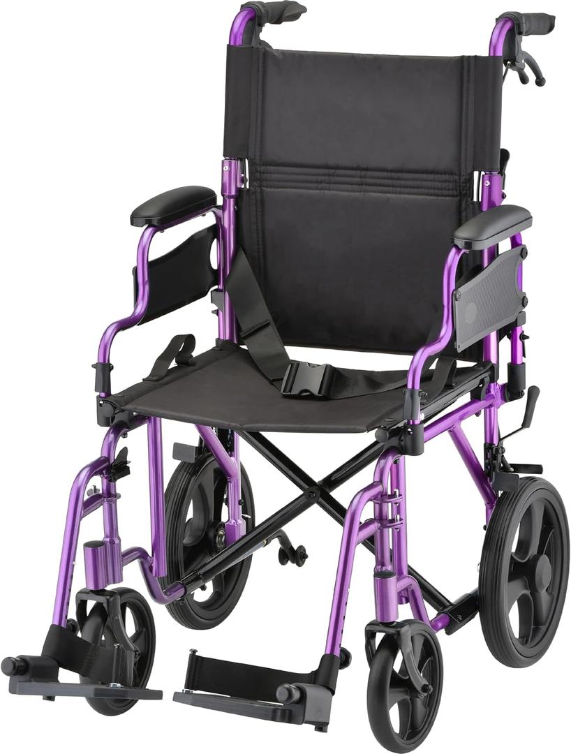 NOVA Transport Chair Lightweight Folding Aluminum Wheelchair with Flip-Up Arms, Locking Handbrakes, 8 & 12 All-Terrain Wheels Collapsible Travel Chair for Adults up to 300 lbs Purple