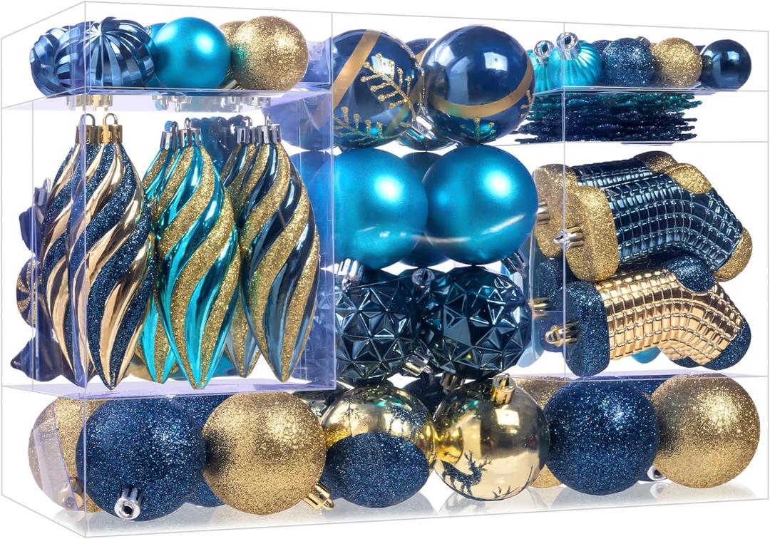 87Pcs Christmas Ball Ornaments Set, Assorted Shatterproof Hanging Tree Decorative for Xmas Tree Holiday Party and Home Decor (Blue & Gold)