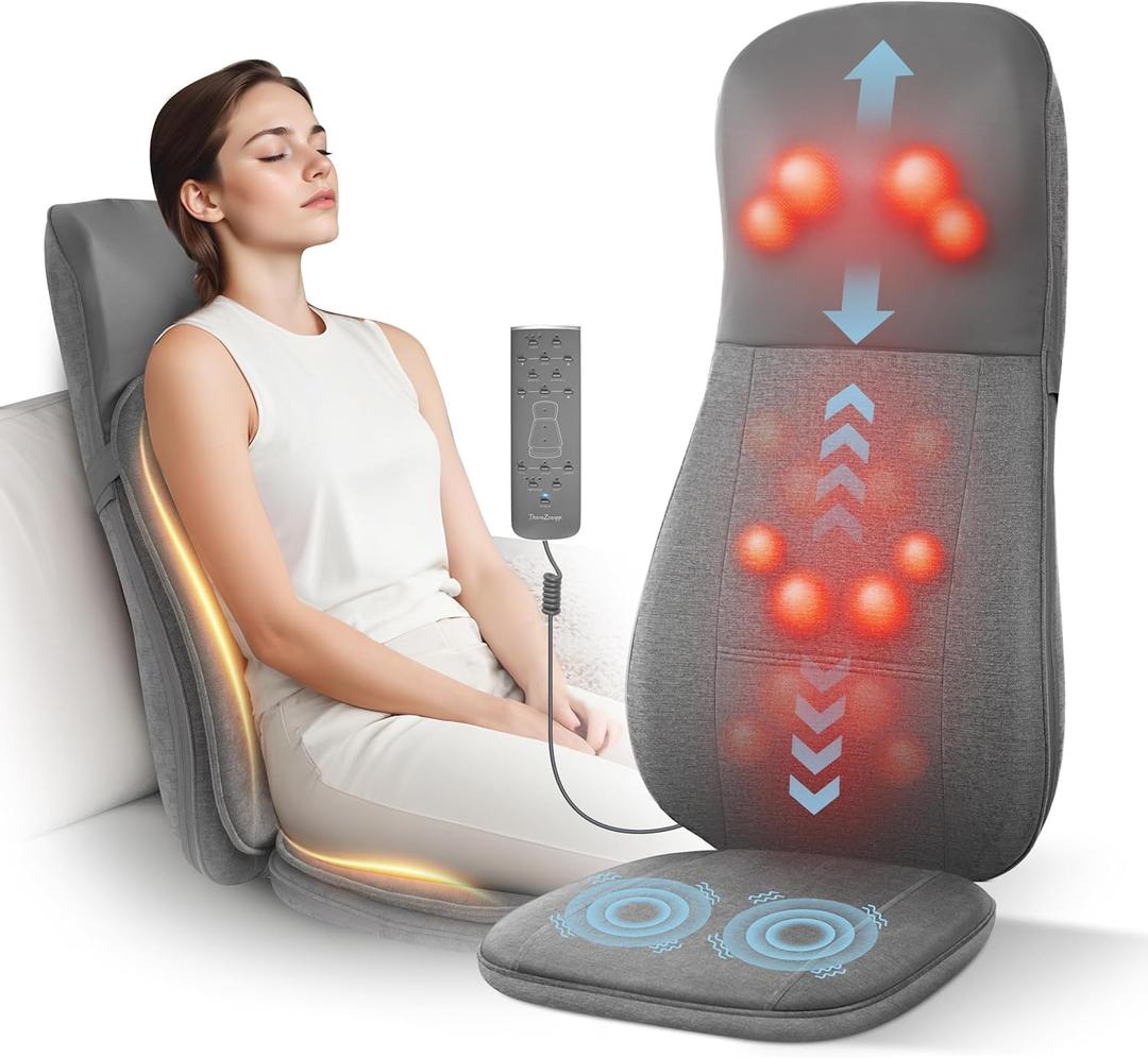 Shiatsu Back and Neck Massager with Heat, Kneading, Rolling, Vibration, Massage Seat Cushion, Full Back Massage Chair Pad