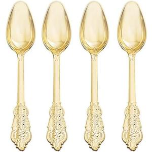 WDF 100 Piece Gold Plastic Spoons Disposable - 6.93 Inch Baroque Gold Spoons Plastic Silverware for Dessert Cake - Heavy Duty Plastic Spoons for Thanksgiving Party, Wedding or Daily Using