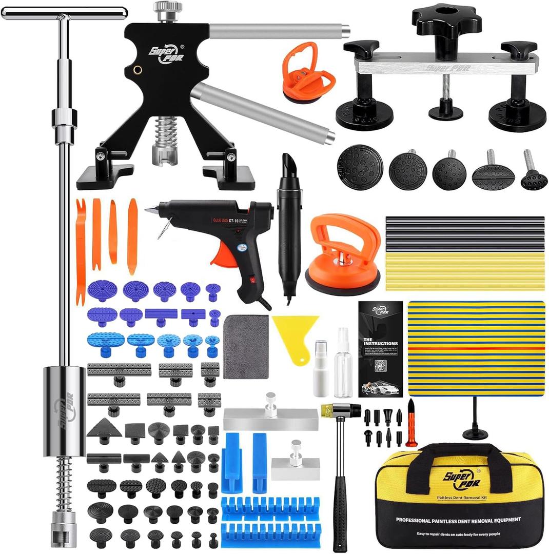 Super PDR 93PCS Paintless Dent Repair Kit, Car Dent Removal Tools, PDR Tools, Dent Puller Kit with Dent Lifter, Bridge Puller, Slide Hammer T-Bar for Car Body Dents, Kit Includes Glue Removal Tool