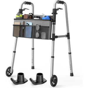 Loyoda Folding Walker with Basket and Glide Skis, 5" Wheels Lightweight Walkers for Seniors and Adults, Supports Up to 350 Pounds, Adjustable Height, Compact Standard Walker, Black