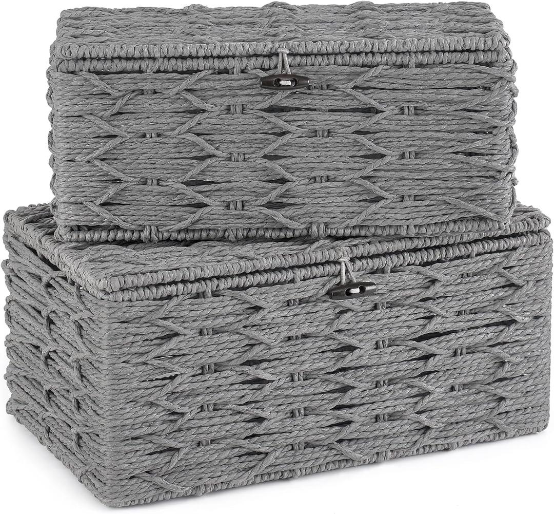 Mkono Storage Baskets Bin with Lid Decorative Paper Rope Handwoven Basket Organizer for Shelves Wardrobe Toilet Tank Top, Rectangular Wicker Home Decor Box for Bedroom Living Room, Set of 2, Grey