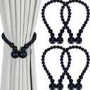 Magnetic Curtain Tiebacks, Curtain Tie Backs for Curtains 4 Pack, Wood Bead Curtain Tiebacks, Curtain Holders for Boho Bedroom Decor, Baby Nursery Decor, Farmhouse Decor (Black)