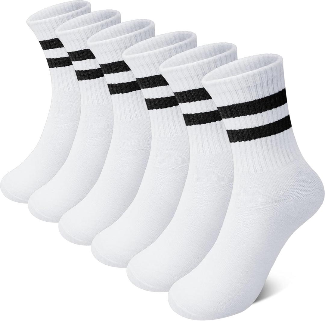Kids Socks for Boys Girls, Athletic Cotton Crew Socks | 6 Pairs Unisex, Soft Breathable, Stretchy Cuffs, Moisture Wicking, Fits School Uniform, Suitable for 4-12 Years (White)