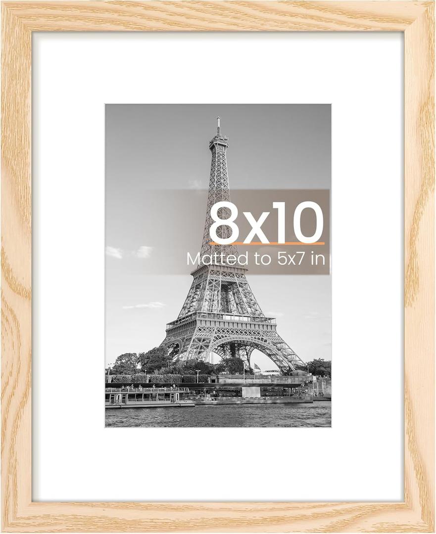 upsimples 8x10 Picture Frame, Display Pictures 5x7 with Mat or 8x10 Without Mat, Wall Hanging Photo Frame, Natural, 1 Pack