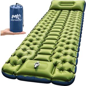 Myxslop Camping Sleeping Pad, Ultralight Inflatable Camping Mat with Pillow Built-in Foot Pump Sleeping Mat, Compact Camping Pad Gear for Backpacking Hiking Tent Travel Car Outdoor Green, Single (76"L x 27"W x 6.5"Th)