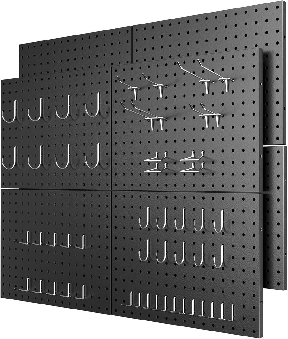 Peg Board 8 Pack Metal Pegboard Panels with 50 Hooks, Heavy Duty Pegboard Wall Organizer, Black Pegboards for Workbench, Garage Tool Storage, Office Organization, Kitchen, Craft Room (16x12"- 8 Pcs)