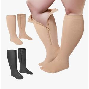 Hillban 2 Pair Wide Plus Size Calf Zipper Compression Socks 15 - 25 Mmhg for Overweight Women Men
